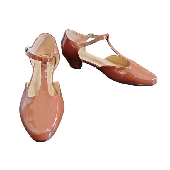 Womens T-Strap Low Chunky Heel Mary Jane Pumps Brown Patent Size 12.5 (45) - Picture 3 of 13